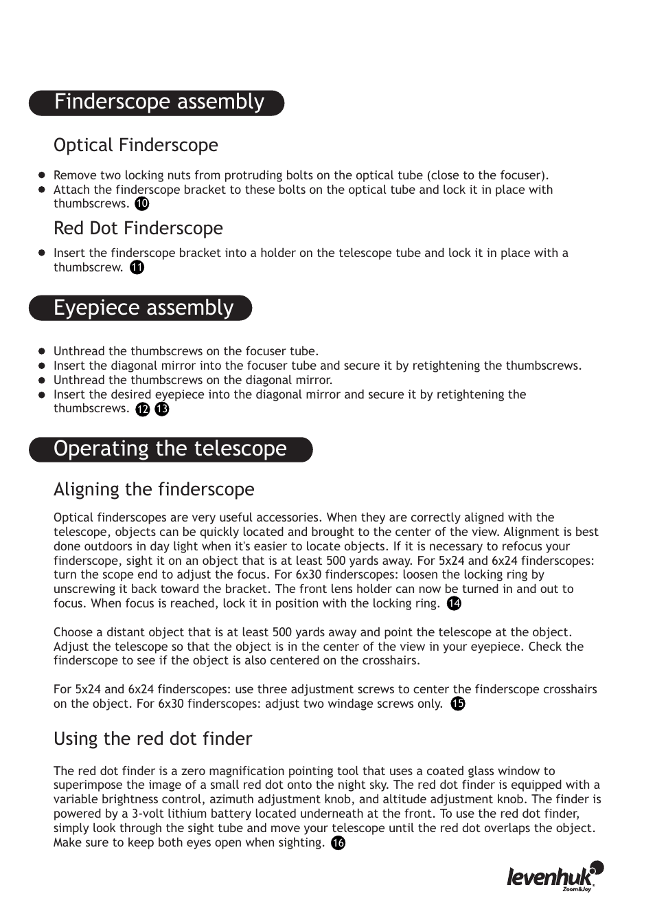 Operating the telescope, Finderscope assembly, Eyepiece assembly | Aligning the finderscope | Levenhuk Skyline PRO 127 MAK Telescope User Manual | Page 13 / 40