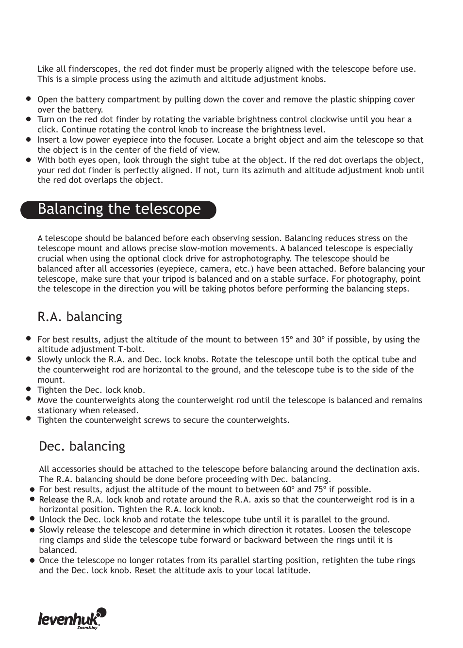 Balancing the telescope, R.a. balancing, Dec. balancing | Levenhuk Skyline PRO 127 MAK Telescope User Manual | Page 14 / 40