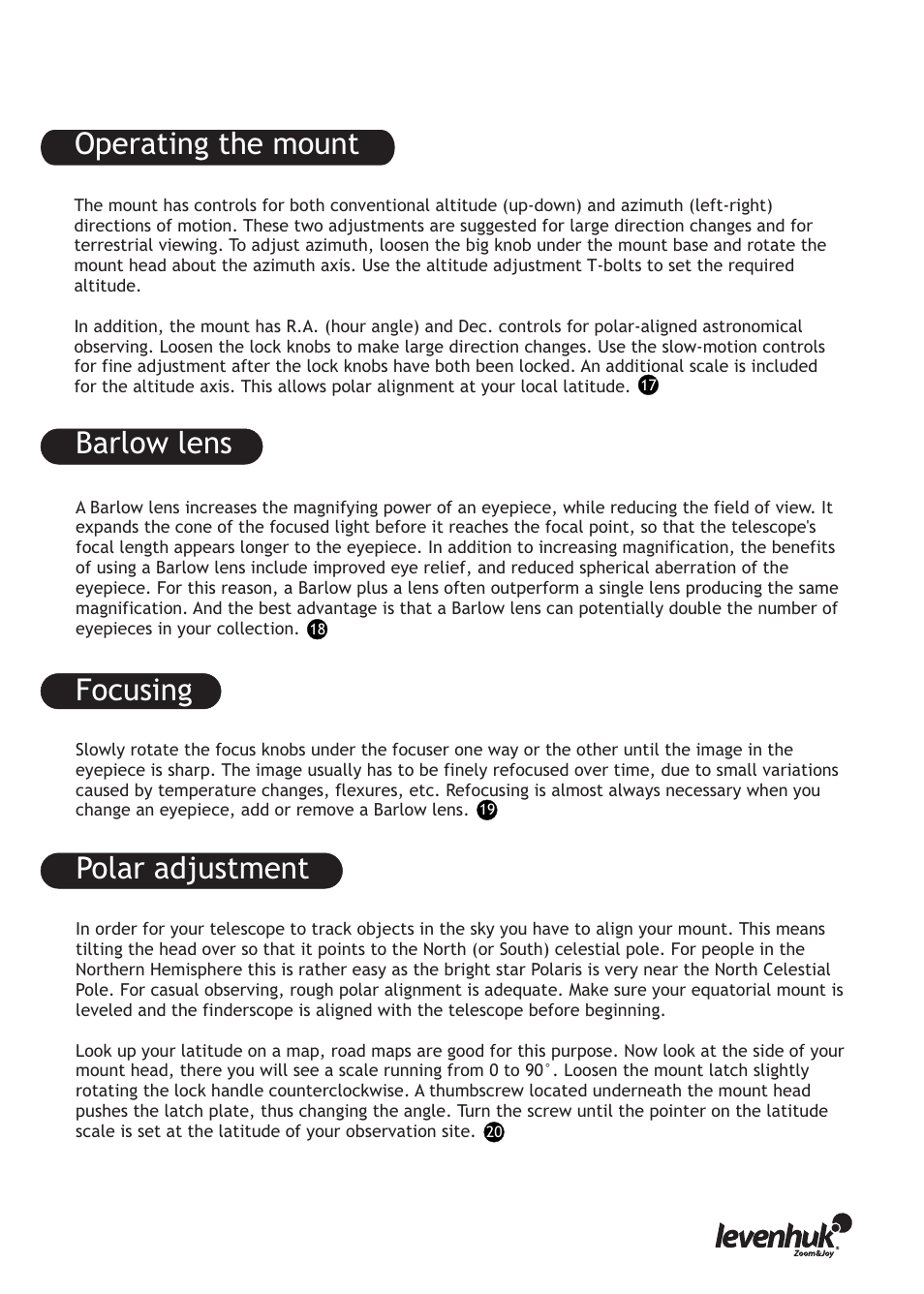 Barlow lens focusing, Polar adjustment, Operating the mount | Levenhuk Skyline PRO 127 MAK Telescope User Manual | Page 15 / 40