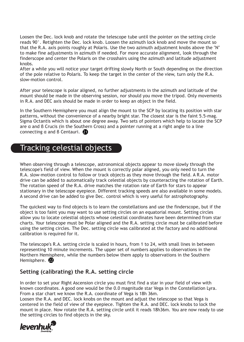 Tracking celestial objects, Setting (calibrating) the r.a. setting circle | Levenhuk Skyline PRO 127 MAK Telescope User Manual | Page 16 / 40