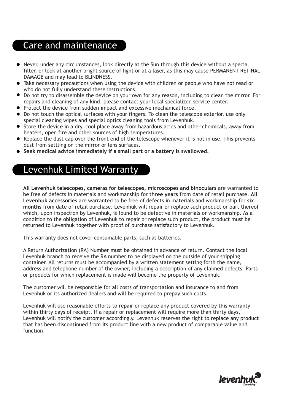 Care and maintenance, Levenhuk limited warranty | Levenhuk Skyline PRO 127 MAK Telescope User Manual | Page 19 / 40