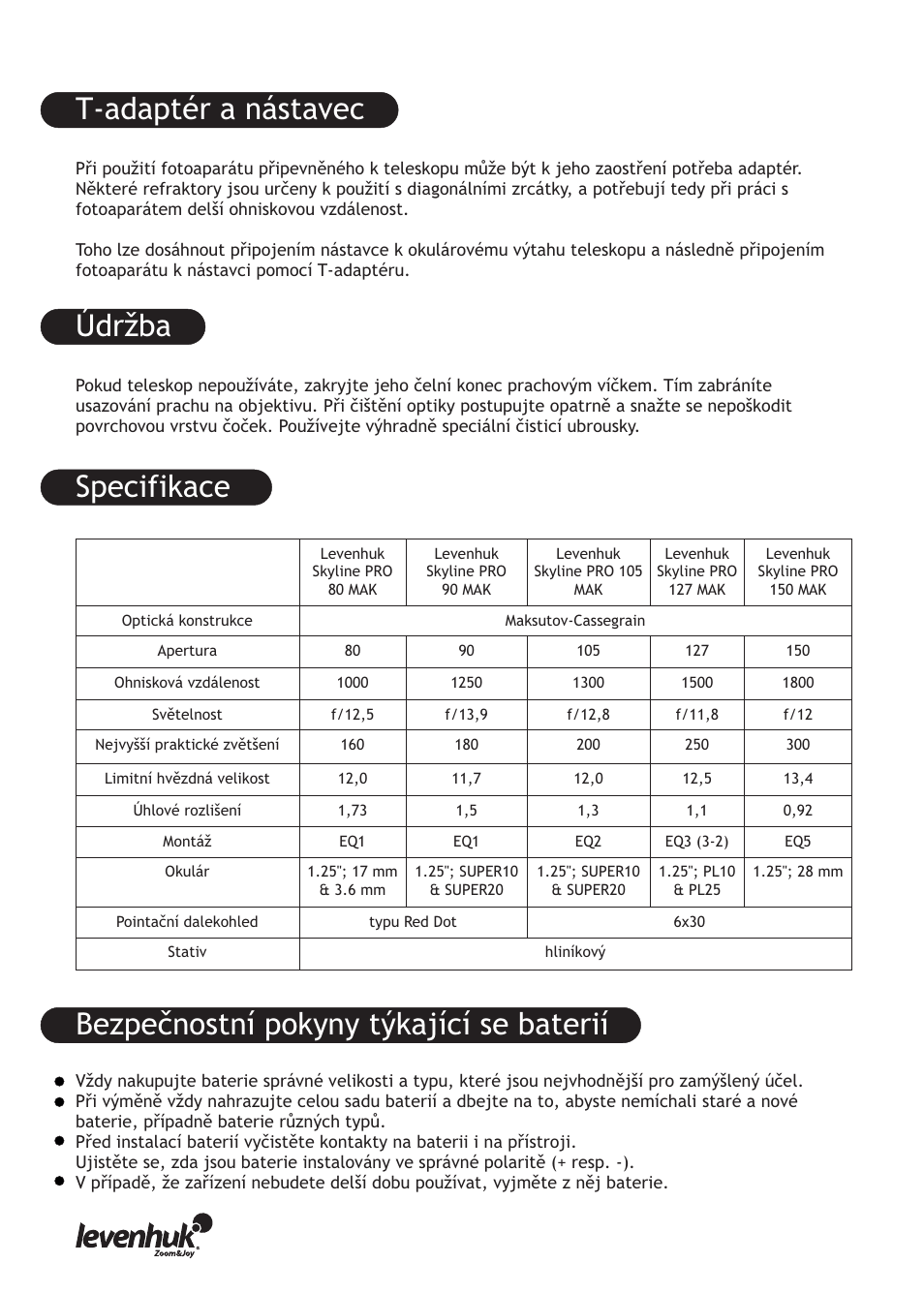 Údržba, Specifikace, Bezpečnostní pokyny týkající se baterií | T-adaptér a nástavec | Levenhuk Skyline PRO 127 MAK Telescope User Manual | Page 26 / 40