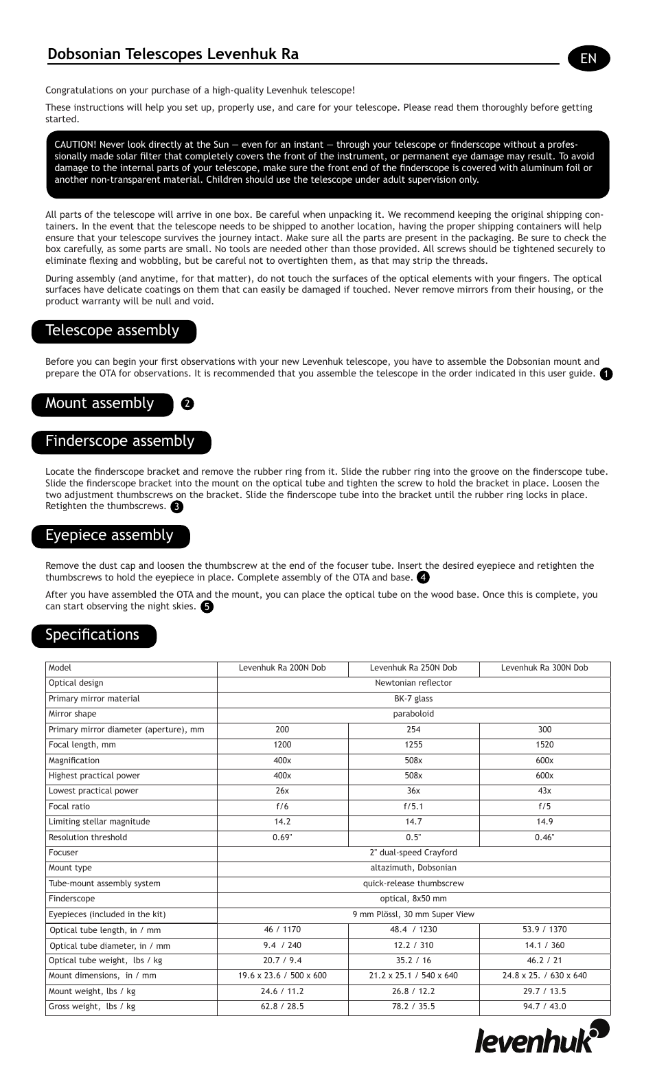 Telescope assembly, Dobsonian telescopes levenhuk ra | Levenhuk Ra 250N Dob Telescope User Manual | Page 3 / 16