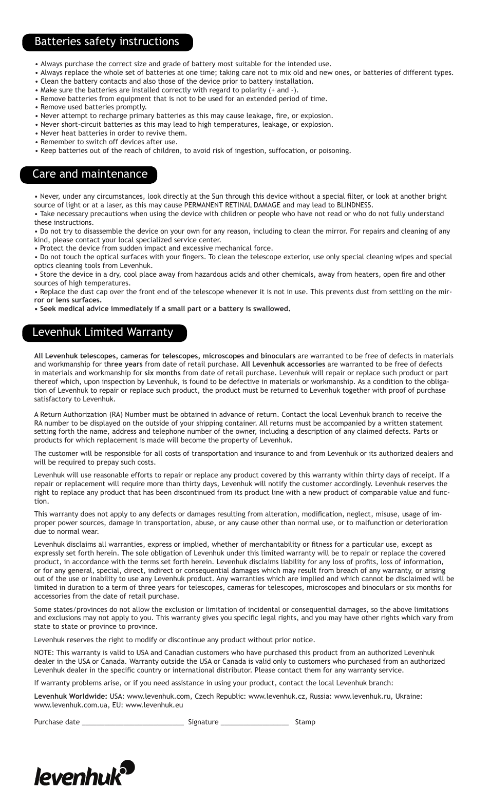 Care and maintenance batteries safety instructions, Levenhuk limited warranty | Levenhuk Ra 250N Dob Telescope User Manual | Page 4 / 16