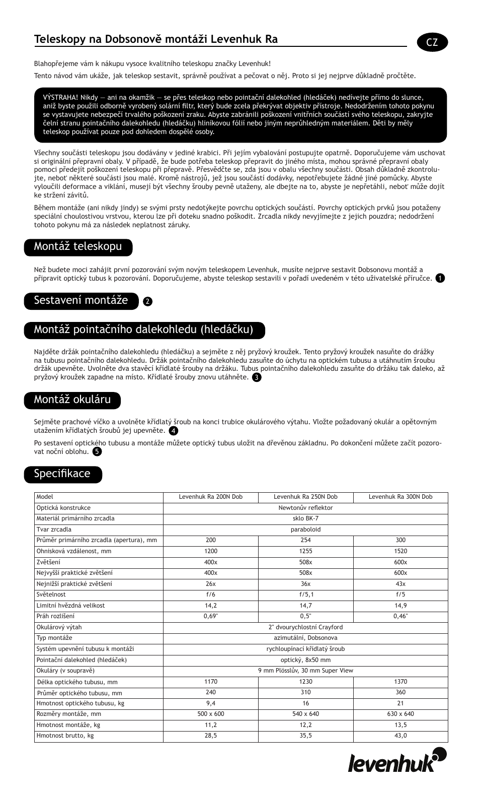 Teleskopy na dobsonově montáži levenhuk ra, Montáž teleskopu | Levenhuk Ra 250N Dob Telescope User Manual | Page 5 / 16