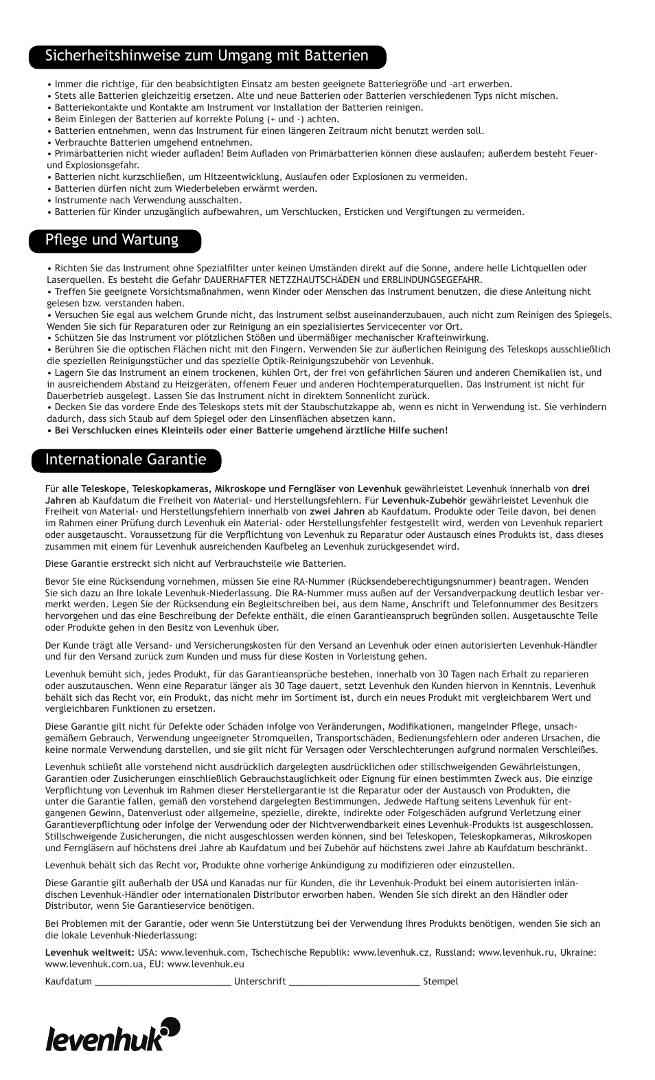 Internationale garantie | Levenhuk Ra 250N Dob Telescope User Manual | Page 8 / 16