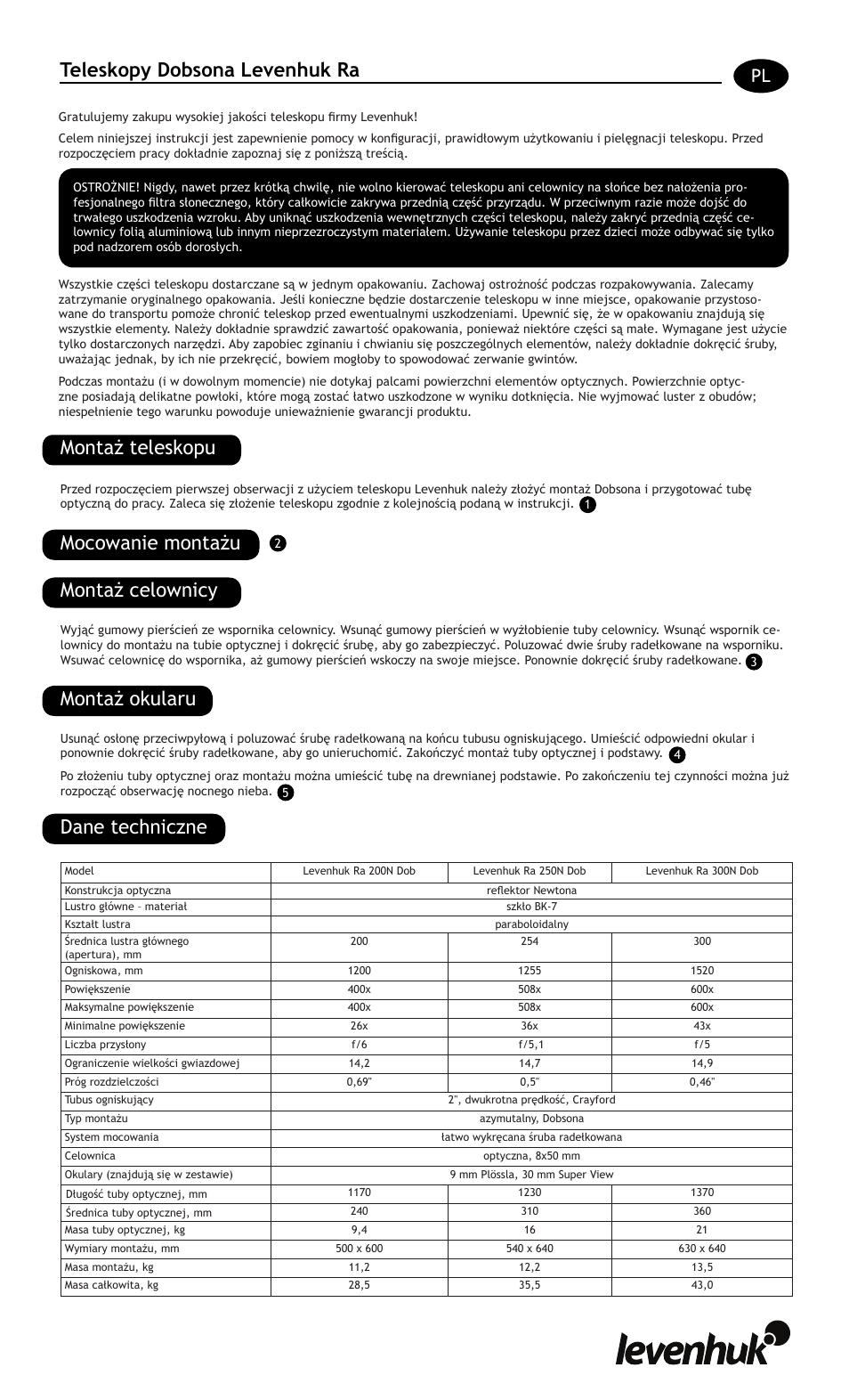 Teleskopy dobsona levenhuk ra, Montaż teleskopu | Levenhuk Ra 250N Dob Telescope User Manual | Page 9 / 16