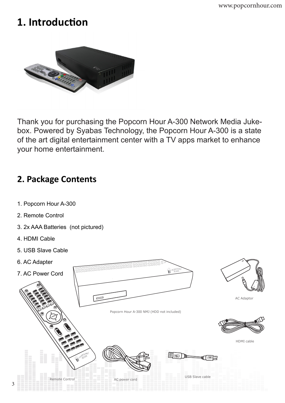 Introduction, Package contents | POPCORN HOUR A-300 User Manual | Page 4 / 80