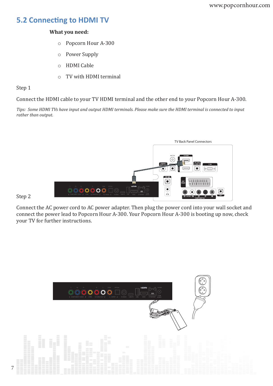 2 connecting to hdmi tv, Tv back panel connectors | POPCORN HOUR A-300 User Manual | Page 8 / 80