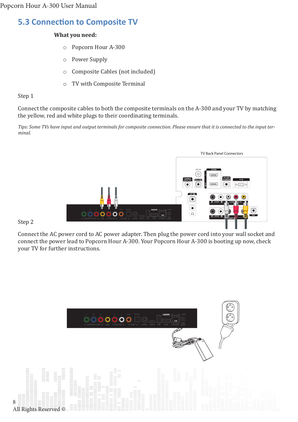 3 connection to composite tv, Popcorn hour a-300 user manual, 8all rights reserved | Tv back panel connectors | POPCORN HOUR A-300 User Manual | Page 9 / 80