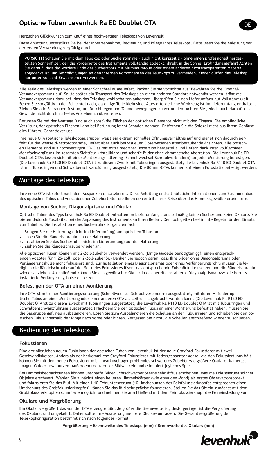 Optische tuben levenhuk ra ed doublet ota, Montage des teleskops bedienung des teleskops | Levenhuk Ra R120 ED Doublet OTA User Manual | Page 9 / 21