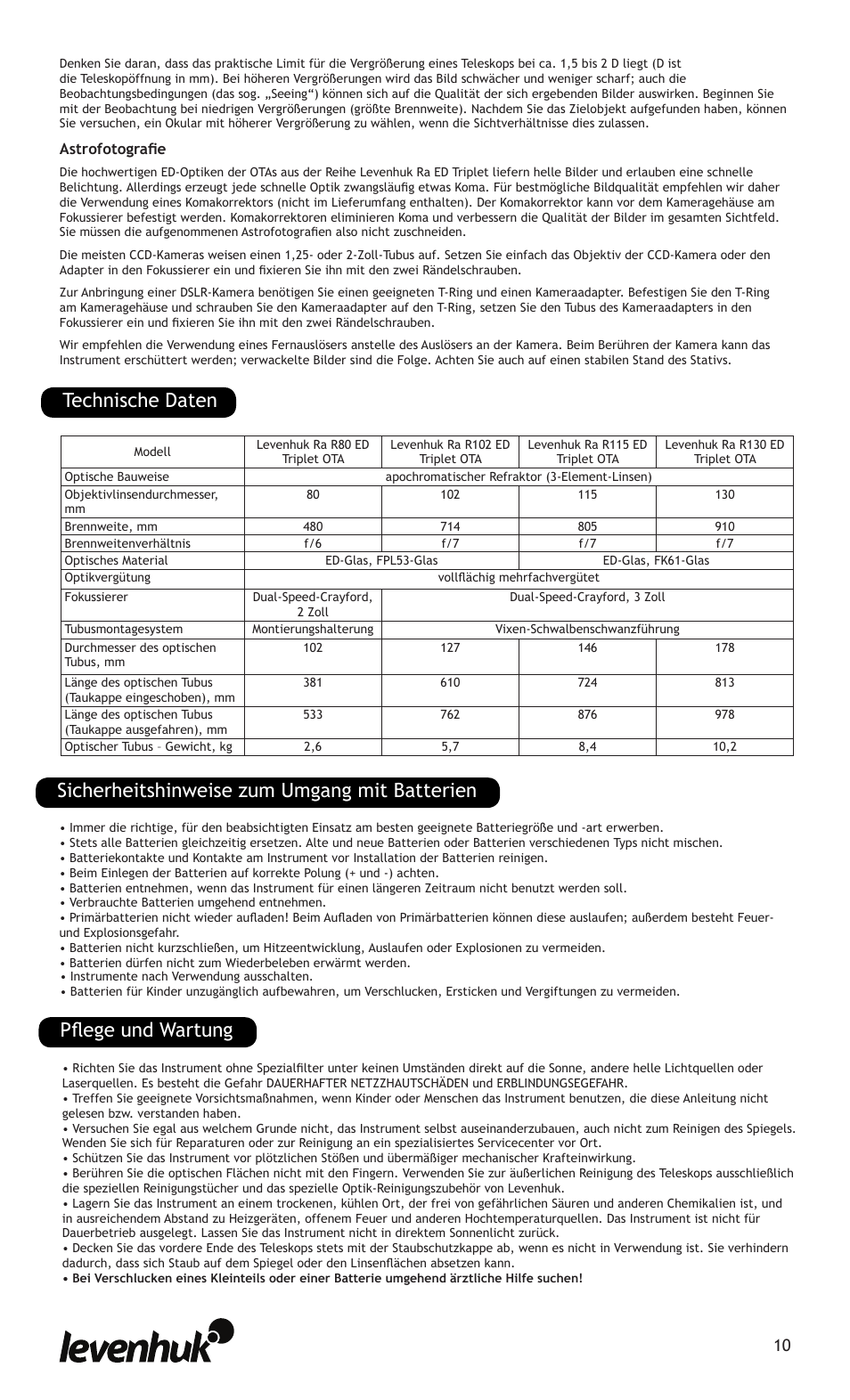 Technische daten | Levenhuk Ra R80 ED Triplet OTA User Manual | Page 10 / 21