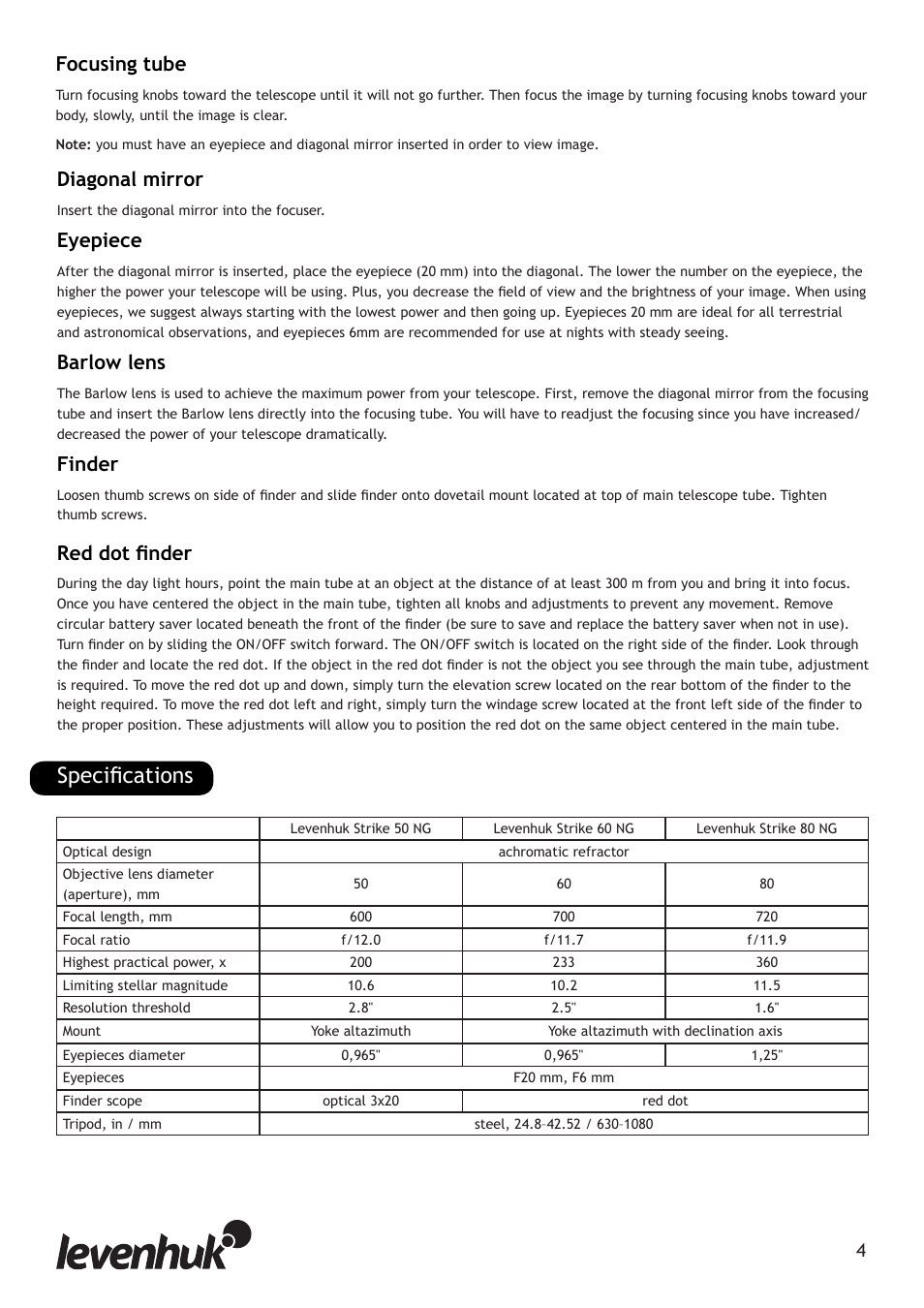 Specifications, Diagonal mirror, Eyepiece | Barlow lens, Finder, Red dot finder er, Focusing tube | Levenhuk Strike 80 NG Telescope User Manual | Page 4 / 27
