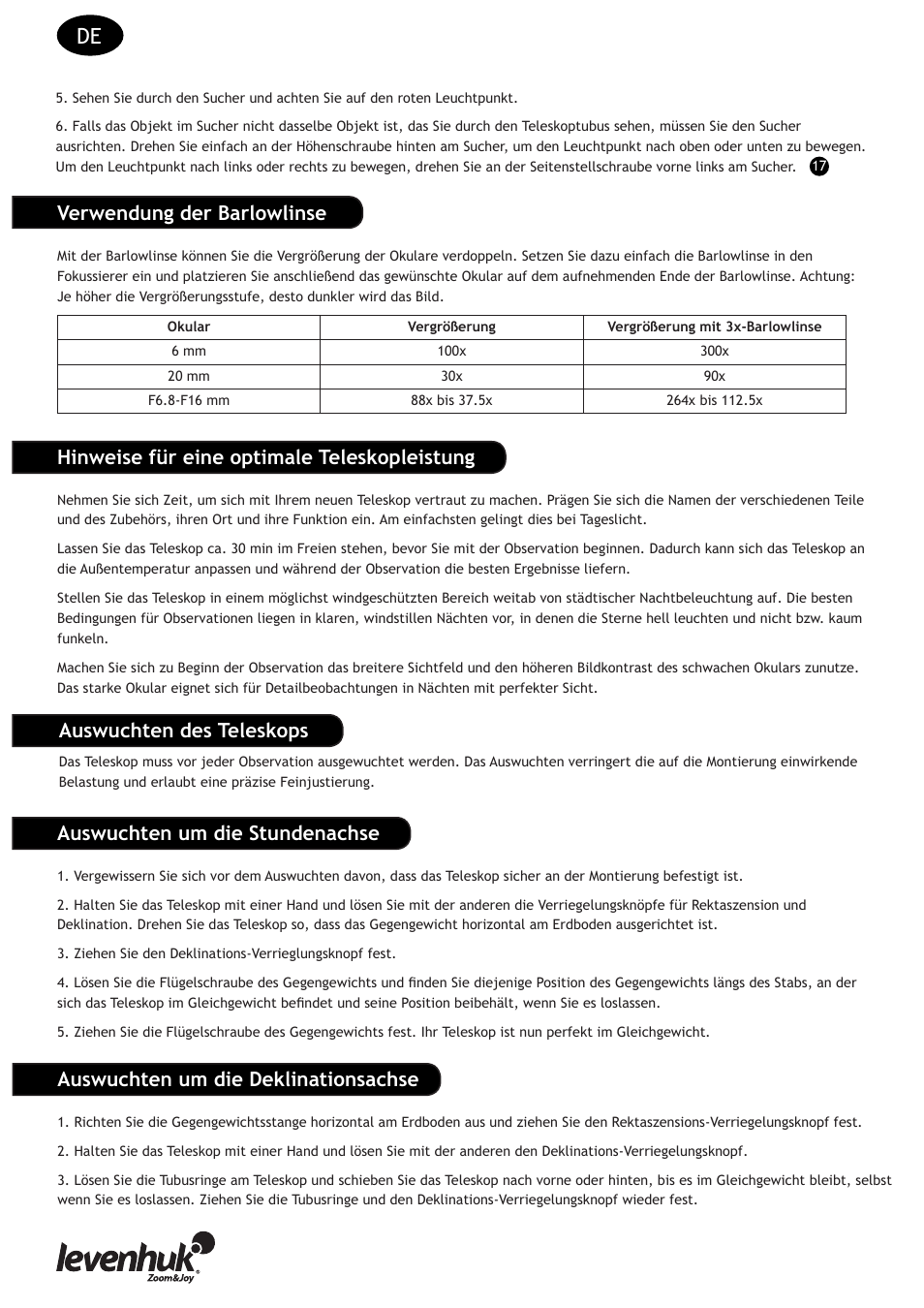 Verwendung der barlowlinse, Hinweise für eine optimale teleskopleistung, Auswuchten um die stundenachse | Auswuchten um die deklinationsachse, Auswuchten des teleskops | Levenhuk Strike 90 PLUS Telescope User Manual | Page 10 / 28