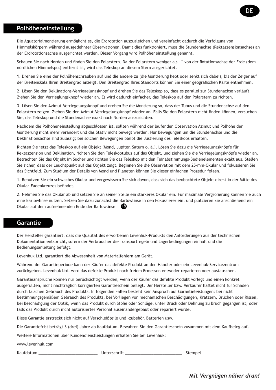 Polhöheneinstellung, Garantie, Mit vergnügen näher dran | Levenhuk Strike 90 PLUS Telescope User Manual | Page 11 / 28