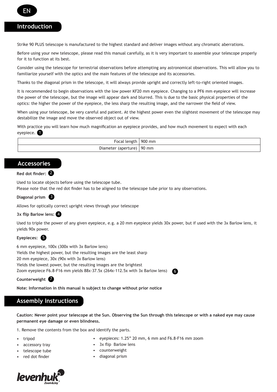 Introduction, Accessories assembly instructions | Levenhuk Strike 90 PLUS Telescope User Manual | Page 12 / 28