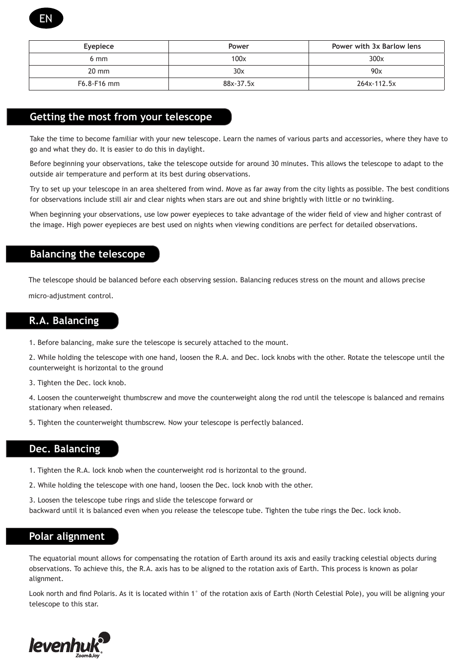 Getting the most from your telescope, R.a. balancing, Dec. balancing | Polar alignment, Balancing the telescope | Levenhuk Strike 90 PLUS Telescope User Manual | Page 14 / 28