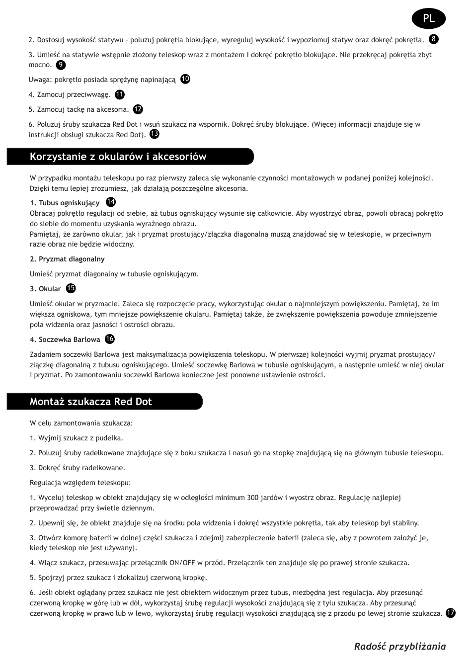 Korzystanie z okularów i akcesoriów, Montaż szukacza red dot, Radość przybliżania | Levenhuk Strike 90 PLUS Telescope User Manual | Page 17 / 28