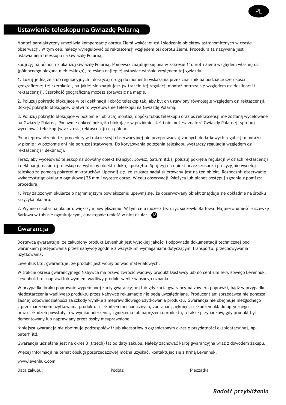 Ustawienie teleskopu na gwiazdę polarną, Gwarancja, Radość przybliżania | Levenhuk Strike 90 PLUS Telescope User Manual | Page 19 / 28