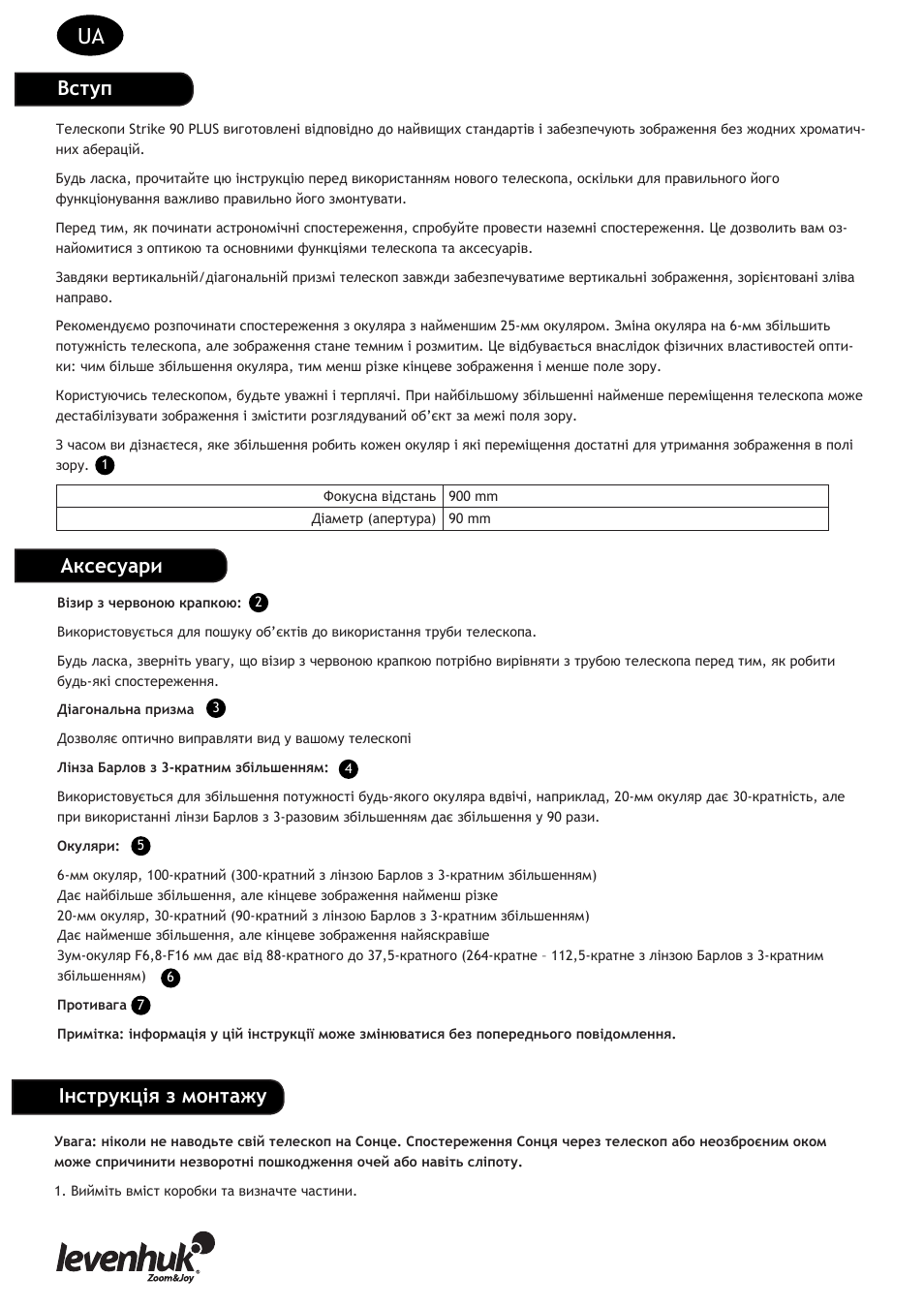 Вступ, Аксесуари інструкція з монтажу | Levenhuk Strike 90 PLUS Telescope User Manual | Page 24 / 28