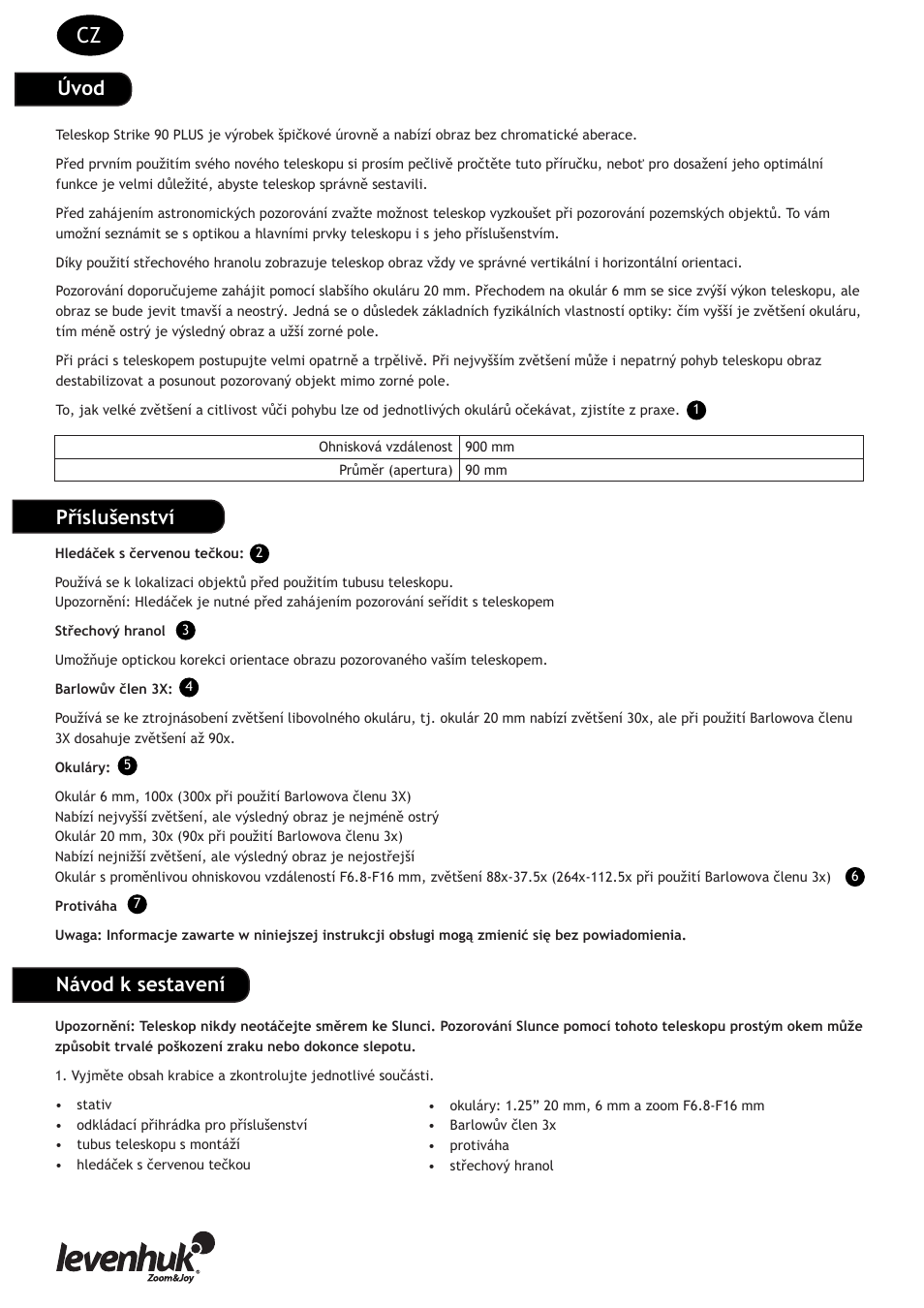 Úvod, Příslušenství návod k sestavení | Levenhuk Strike 90 PLUS Telescope User Manual | Page 4 / 28