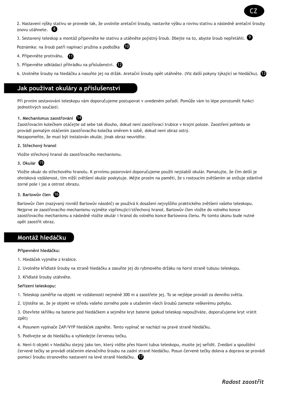Jak používat okuláry a příslušenství, Montáž hledáčku, Radost zaostřit | Levenhuk Strike 90 PLUS Telescope User Manual | Page 5 / 28