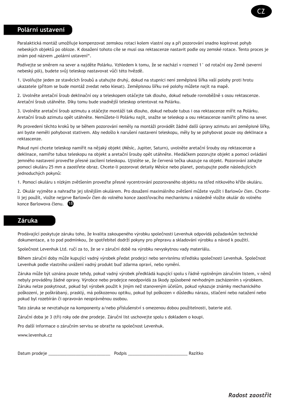Polární ustavení, Záruka, Radost zaostřit | Levenhuk Strike 90 PLUS Telescope User Manual | Page 7 / 28