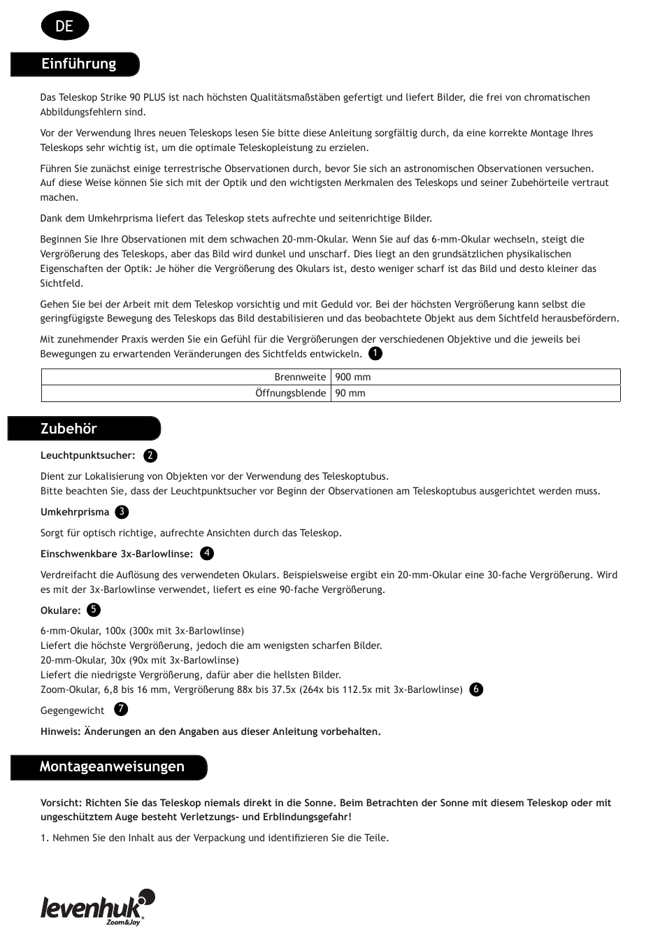 Einführung, Zubehör montageanweisungen | Levenhuk Strike 90 PLUS Telescope User Manual | Page 8 / 28