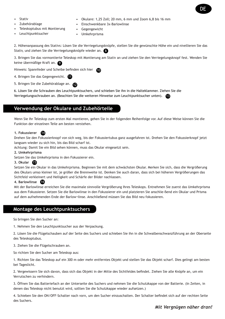 Verwendung der okulare und zubehörteile, Montage des leuchtpunktsuchers, Mit vergnügen näher dran | Levenhuk Strike 90 PLUS Telescope User Manual | Page 9 / 28