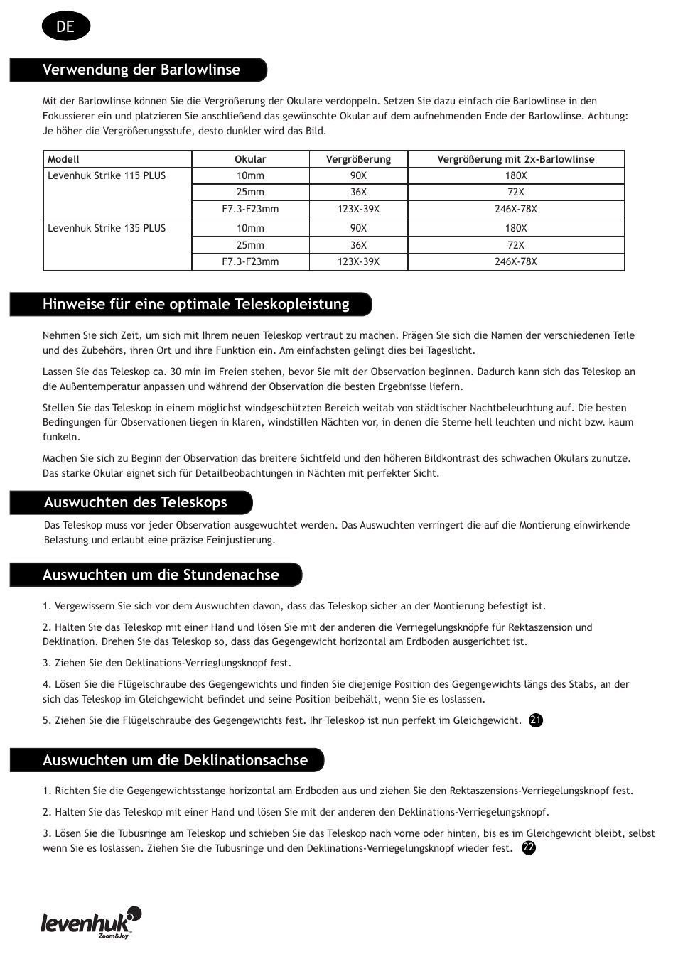 Verwendung der barlowlinse, Hinweise für eine optimale teleskopleistung, Auswuchten um die stundenachse | Auswuchten um die deklinationsachse, Auswuchten des teleskops | Levenhuk Strike 135 PLUS Telescope User Manual | Page 10 / 28