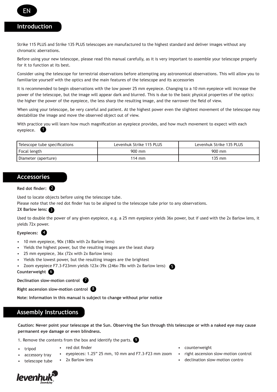 Introduction, Accessories assembly instructions | Levenhuk Strike 135 PLUS Telescope User Manual | Page 12 / 28