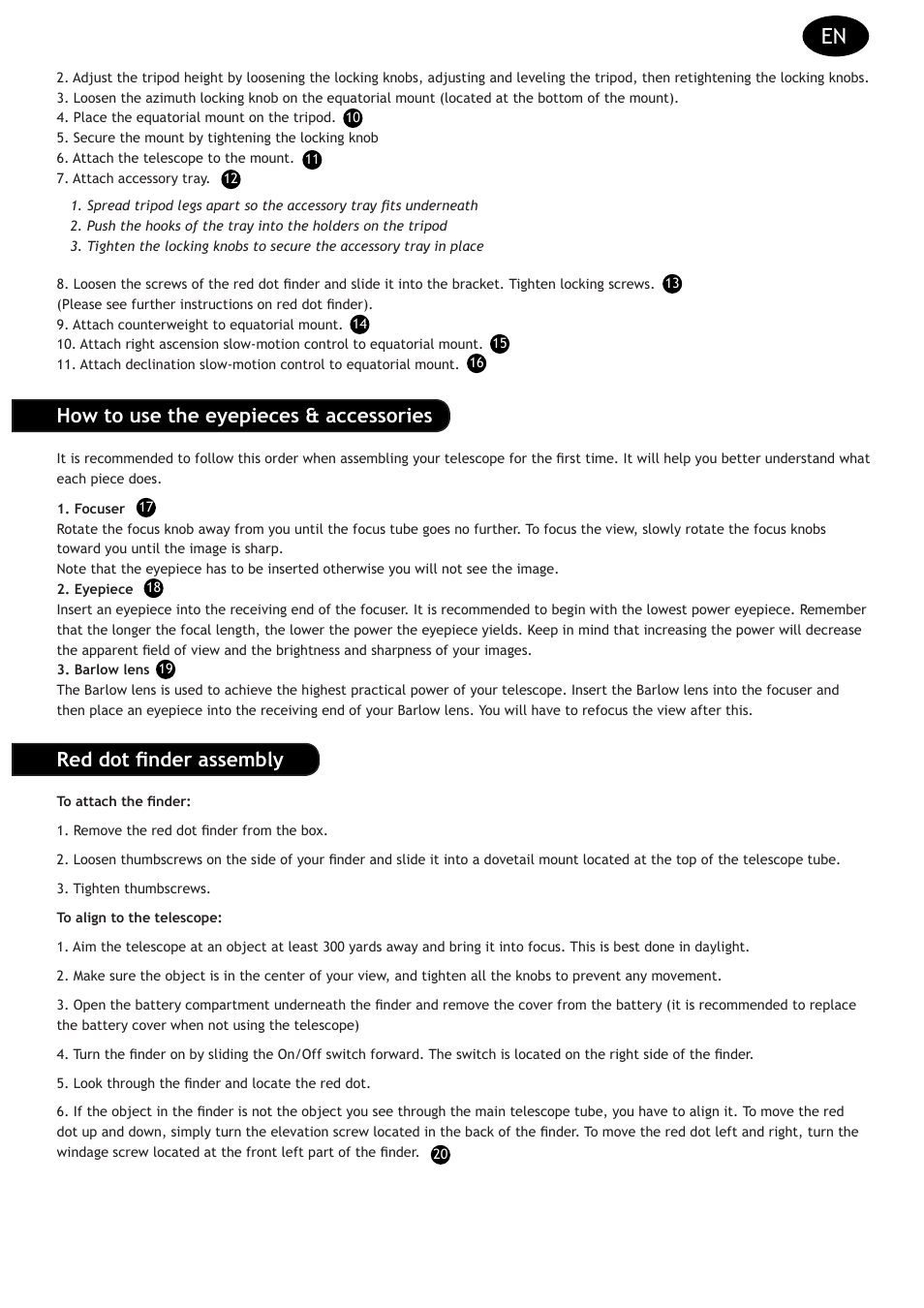 How to use the eyepieces & accessories, Red dot finder assembly | Levenhuk Strike 135 PLUS Telescope User Manual | Page 13 / 28