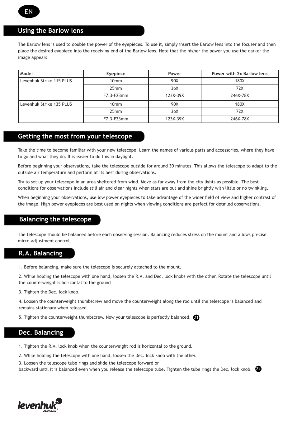 Using the barlow lens, Getting the most from your telescope, Balancing the telescope | R.a. balancing, Dec. balancing | Levenhuk Strike 135 PLUS Telescope User Manual | Page 14 / 28