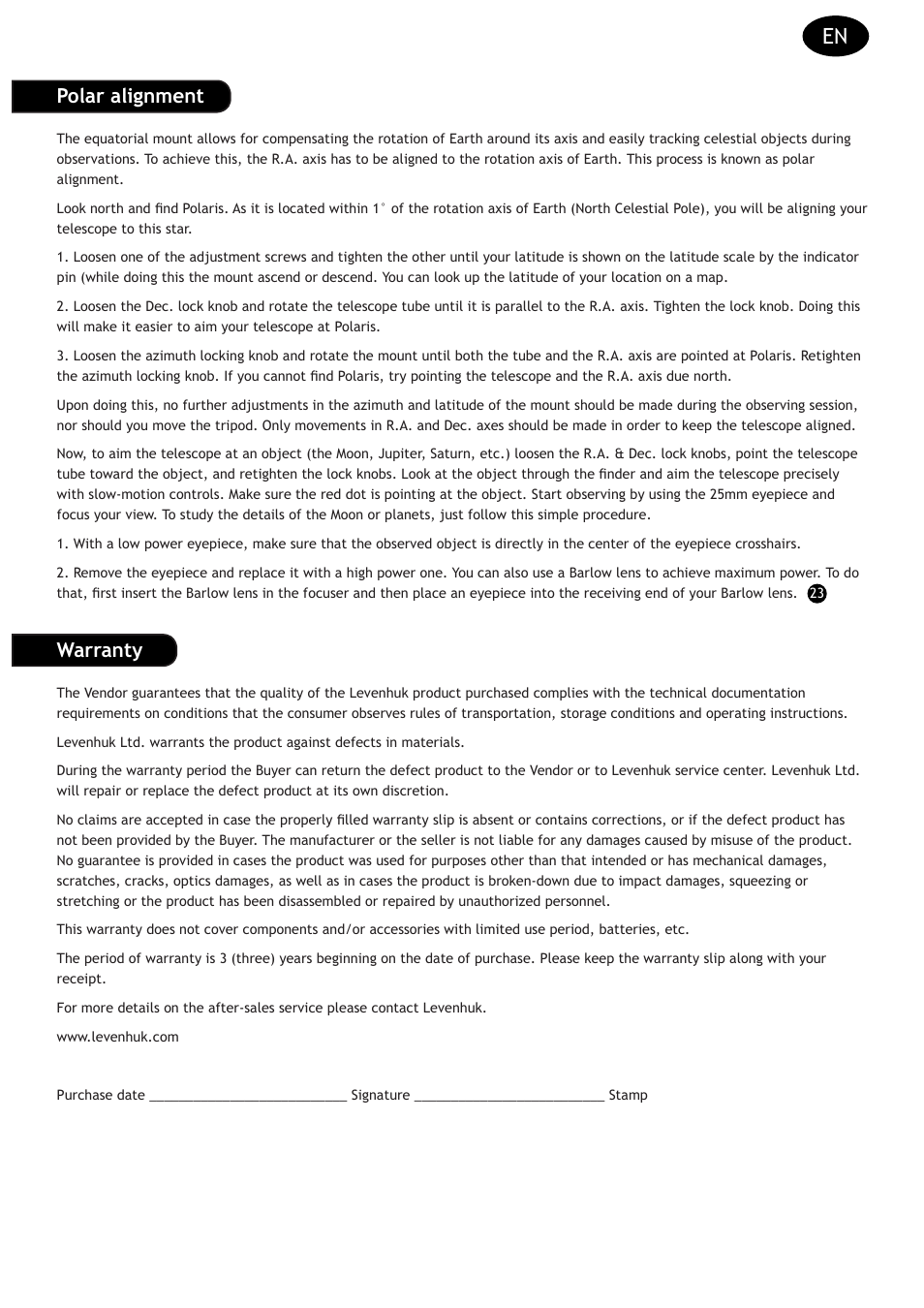 Polar alignment, Warranty | Levenhuk Strike 135 PLUS Telescope User Manual | Page 15 / 28