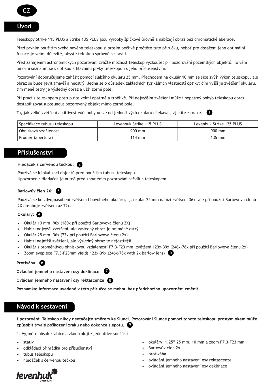 Úvod, Návod k sestavení příslušenství | Levenhuk Strike 135 PLUS Telescope User Manual | Page 4 / 28