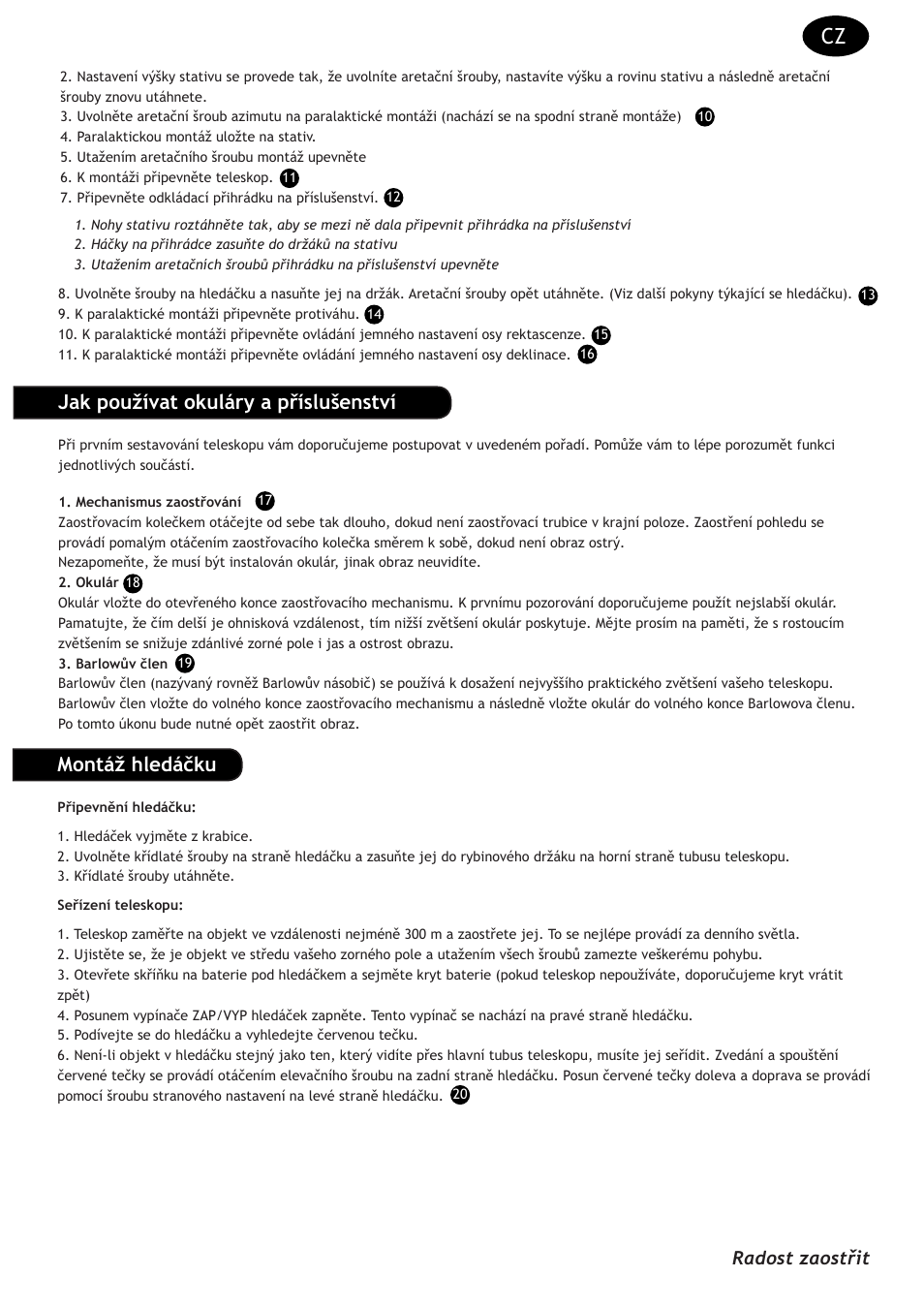 Montáž hledáčku, Jak používat okuláry a příslušenství, Radost zaostřit | Levenhuk Strike 135 PLUS Telescope User Manual | Page 5 / 28