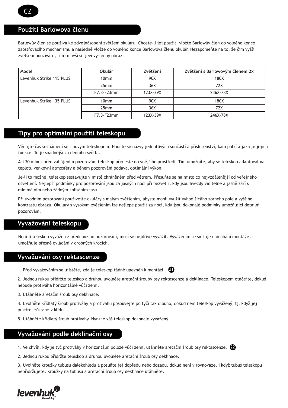 Použití barlowova členu, Tipy pro optimální použití teleskopu, Vyvažování osy rektascenze | Levenhuk Strike 135 PLUS Telescope User Manual | Page 6 / 28