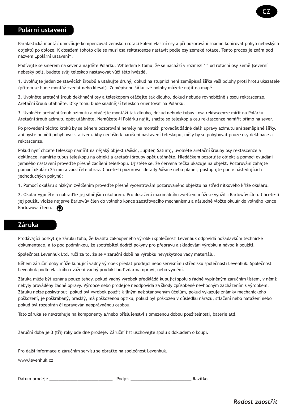 Polární ustavení, Záruka, Radost zaostřit | Levenhuk Strike 135 PLUS Telescope User Manual | Page 7 / 28