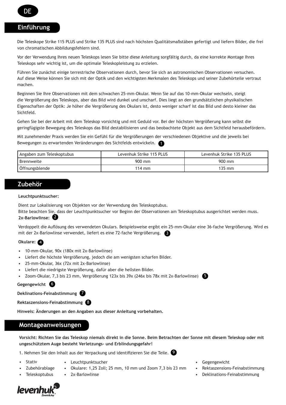 Einführung, Zubehör, Montageanweisungen | Levenhuk Strike 135 PLUS Telescope User Manual | Page 8 / 28