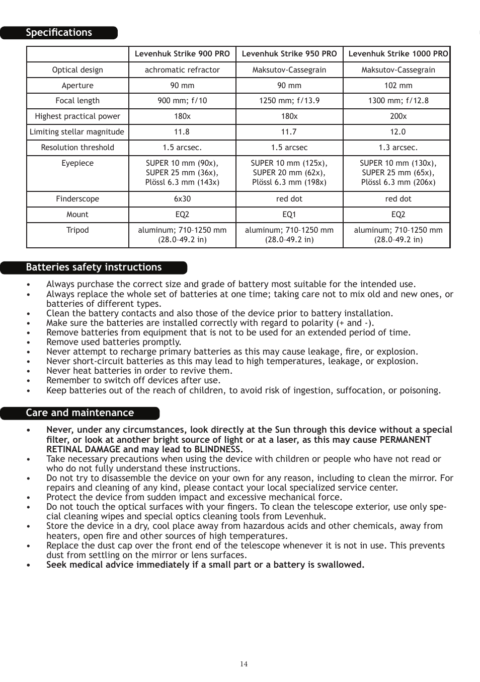 Specifications, Batteries safety instructions, Care and maintenance | Levenhuk Strike 1000 PRO Telescope User Manual | Page 16 / 60