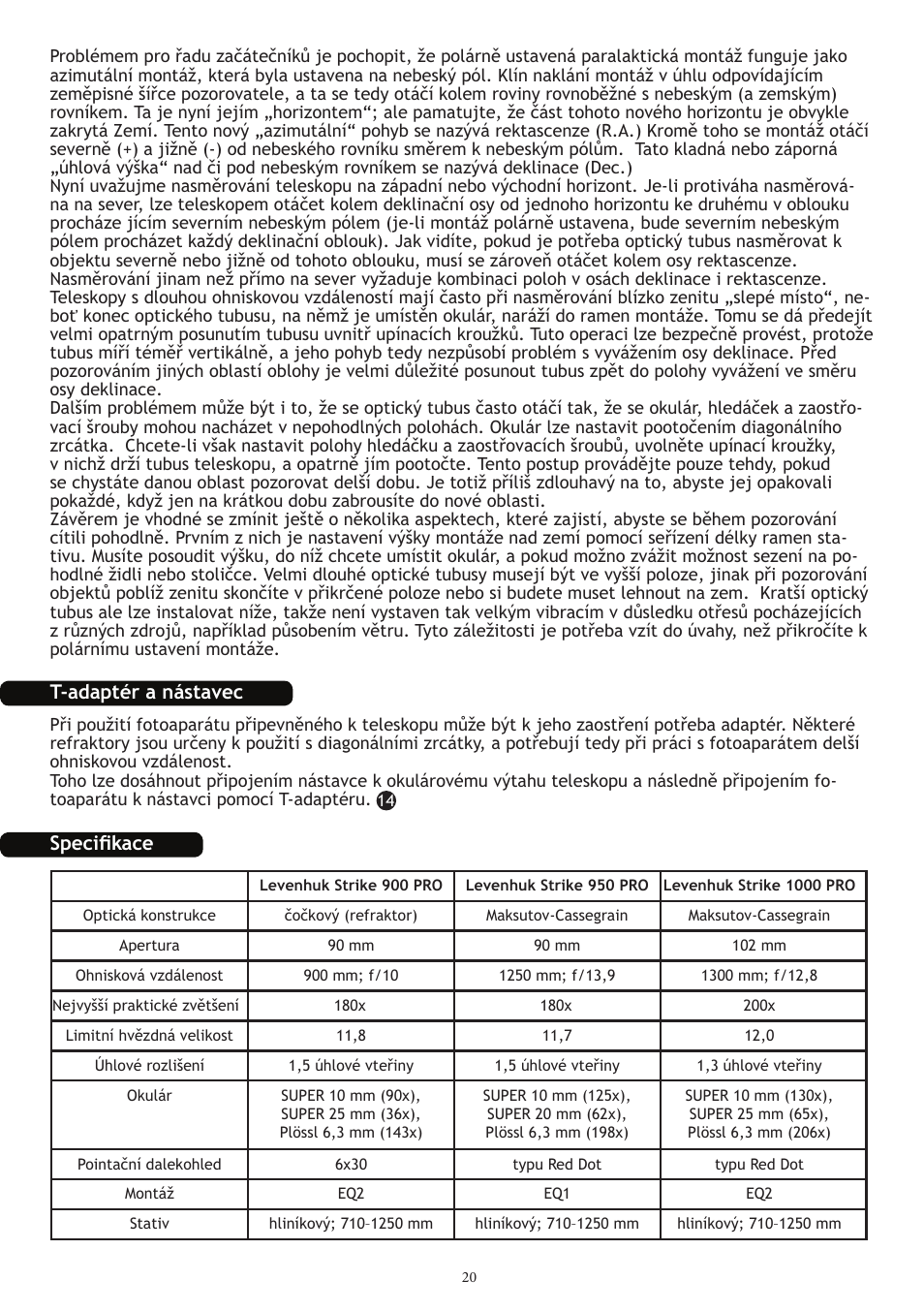 T-adaptér a nástavec, Specifikace | Levenhuk Strike 1000 PRO Telescope User Manual | Page 22 / 60