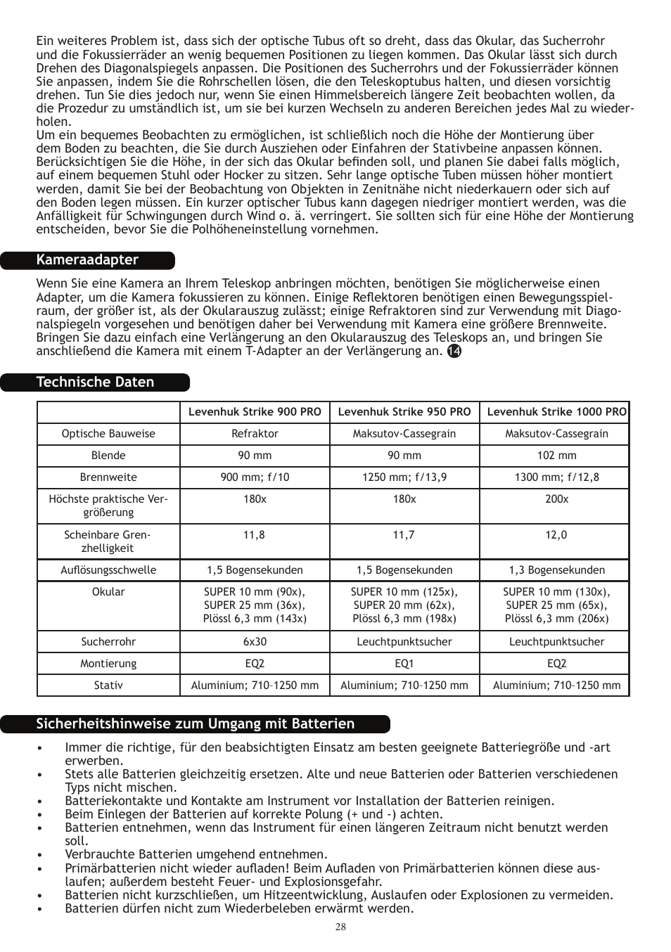 Kameraadapter, Technische daten, Sicherheitshinweise zum umgang mit batterien | Levenhuk Strike 1000 PRO Telescope User Manual | Page 30 / 60