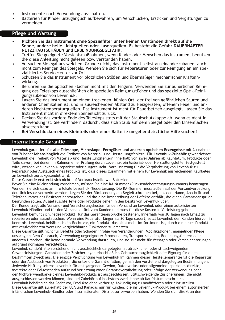 Pflege und wartung, Internationale garantie | Levenhuk Strike 1000 PRO Telescope User Manual | Page 31 / 60