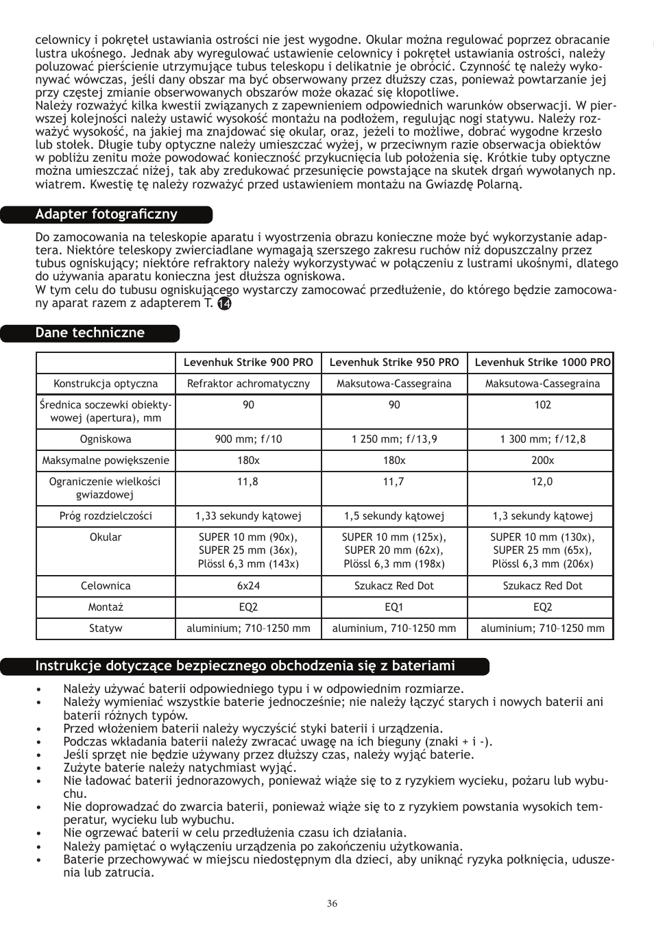 Adapter fotograficzny, Dane techniczne | Levenhuk Strike 1000 PRO Telescope User Manual | Page 38 / 60