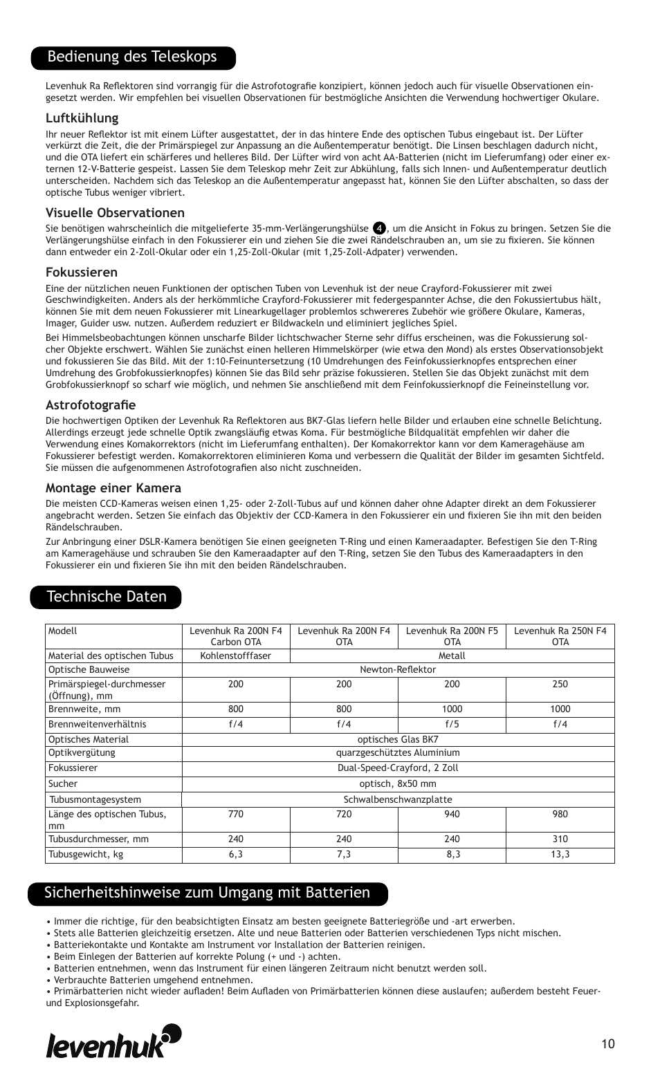 Sicherheitshinweise zum umgang mit batterien, Technische daten bedienung des teleskops, Luftkühlung | Visuelle observationen, Fokussieren, Astrofotografie, Montage einer kamera | Levenhuk Ra 200N F4 Carbon OTA User Manual | Page 10 / 22