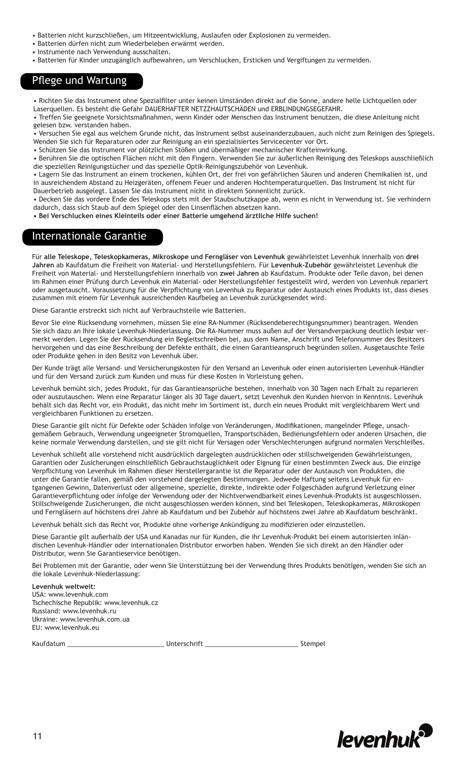 Internationale garantie, Pflege und wartung | Levenhuk Ra 200N F4 Carbon OTA User Manual | Page 11 / 22