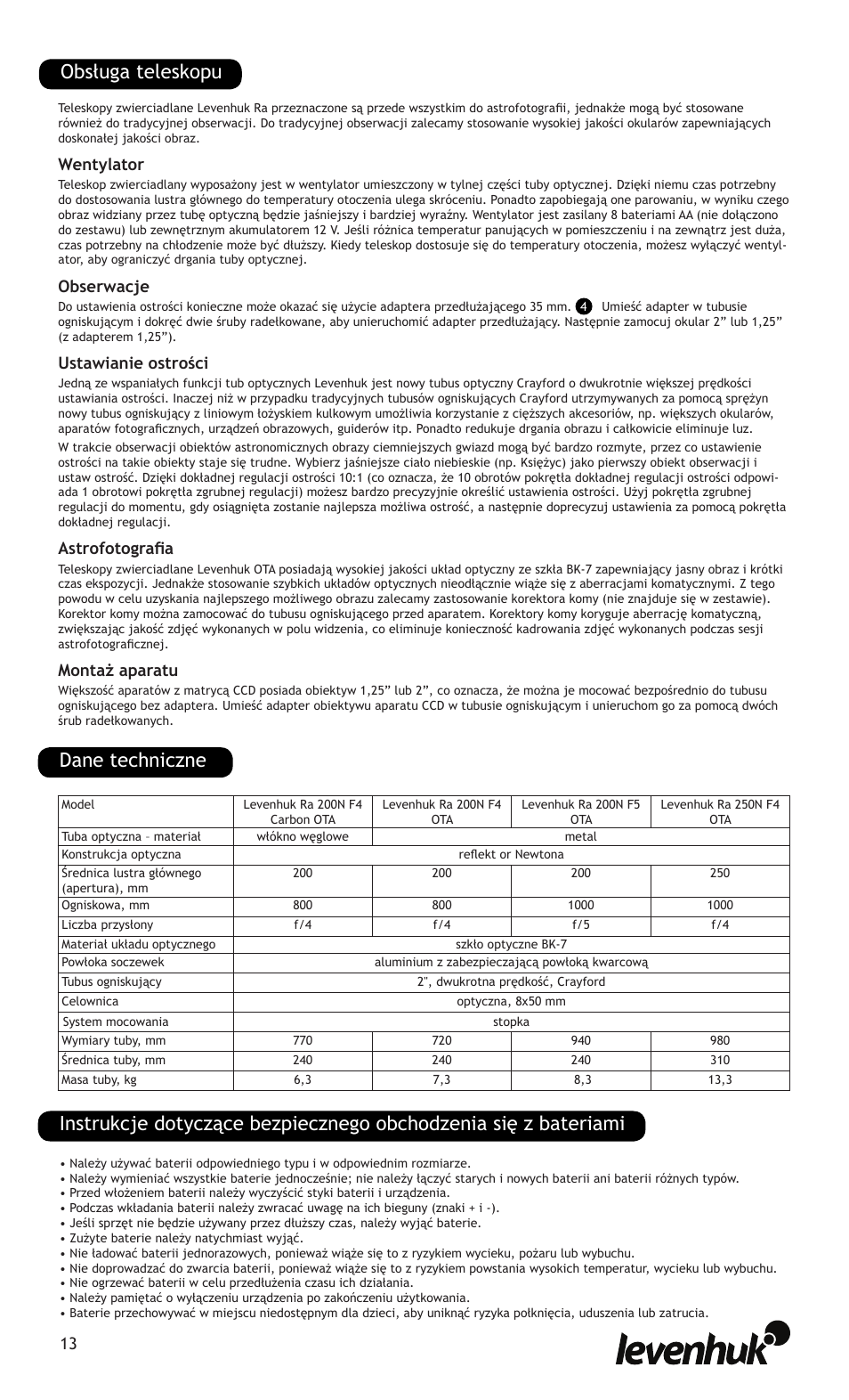 Dane techniczne obsługa teleskopu, Wentylator, Obserwacje | Ustawianie ostrości, Astrofotografia, Montaż aparatu | Levenhuk Ra 200N F4 Carbon OTA User Manual | Page 13 / 22