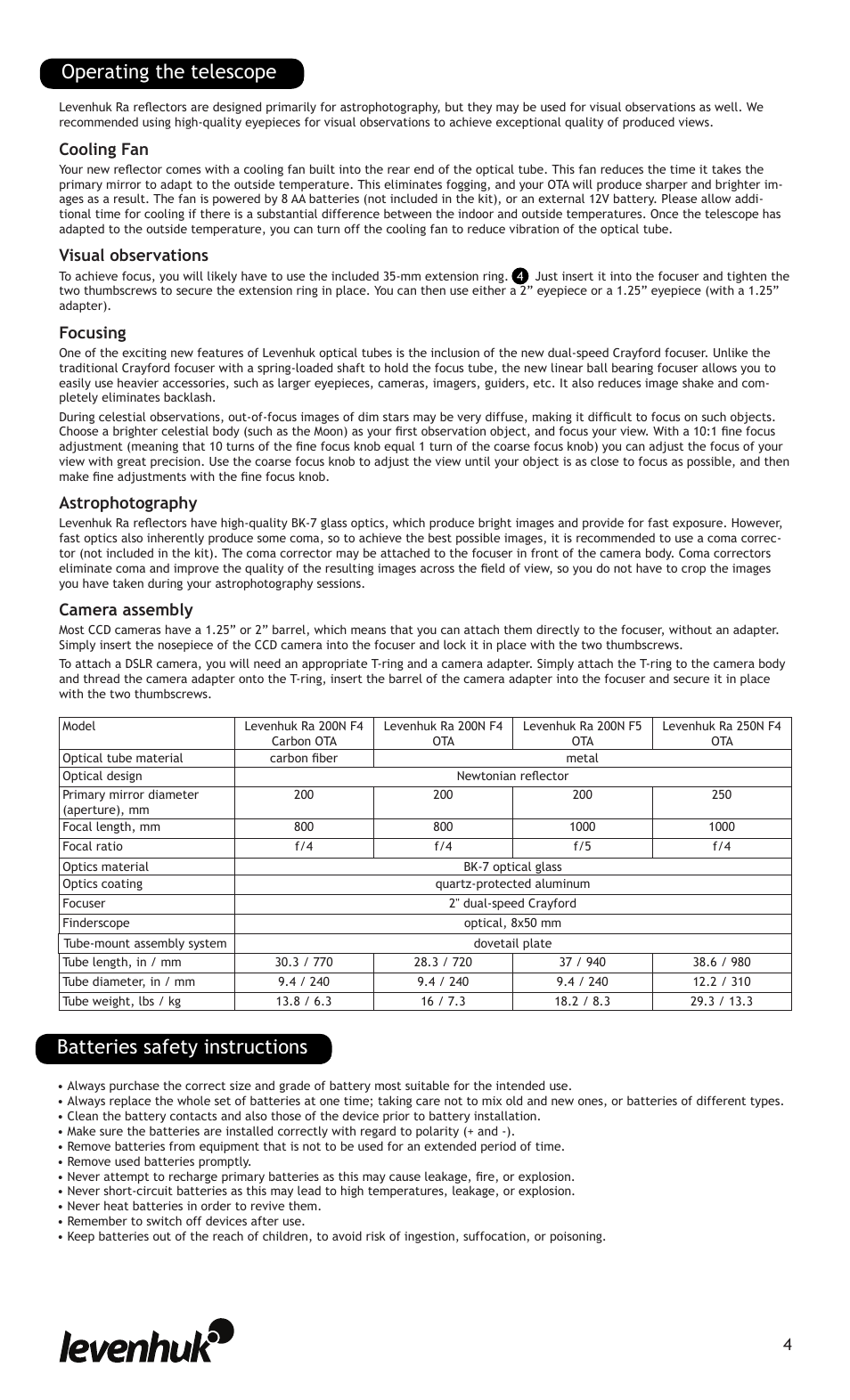 Cooling fan, Visual observations, Focusing | Astrophotography, Camera assembly | Levenhuk Ra 200N F4 Carbon OTA User Manual | Page 4 / 22