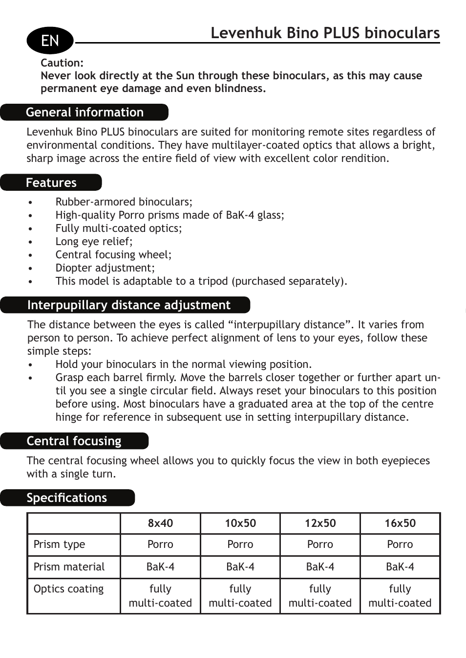 Levenhuk bino plus binoculars en | Levenhuk Bino PLUS 12x50 Binoculars User Manual | Page 2 / 24