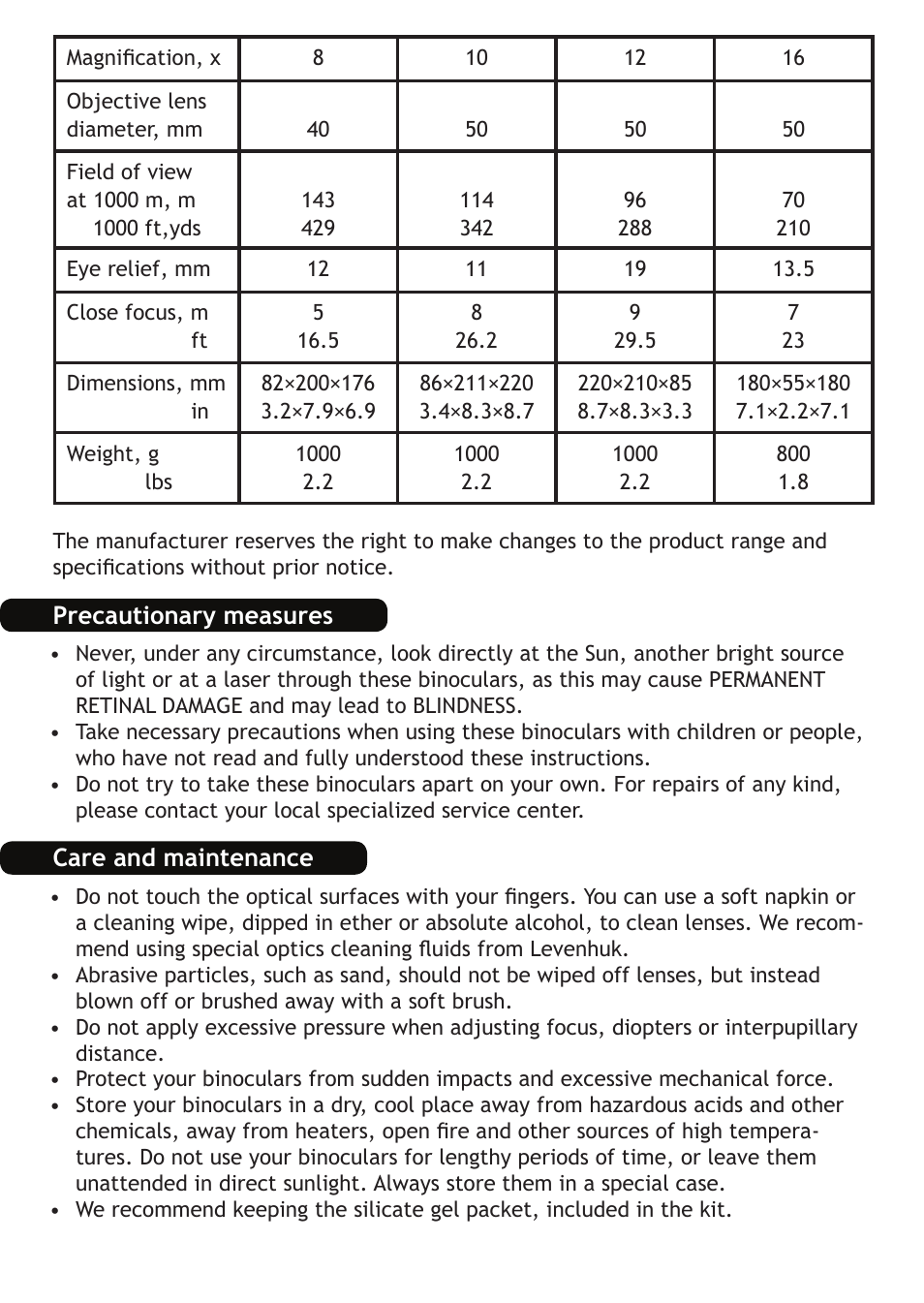 Levenhuk Bino PLUS 12x50 Binoculars User Manual | Page 3 / 24